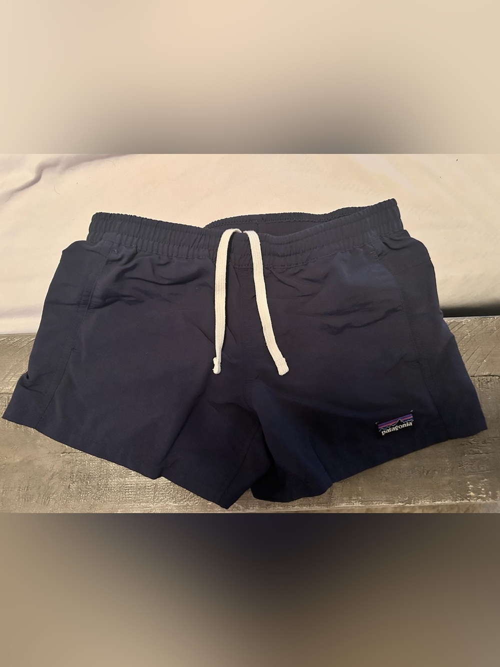 Patagonia Navy Blue Kids Drawstring Athletic Shorts with White Cord